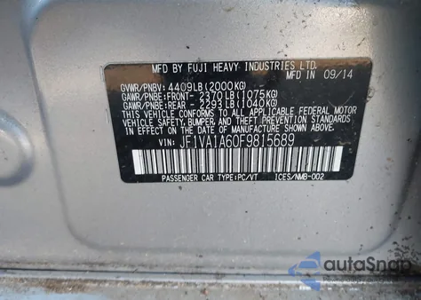 2015 Subaru Wrx from USA, damaged, VIN JF1VA1A60F9815689